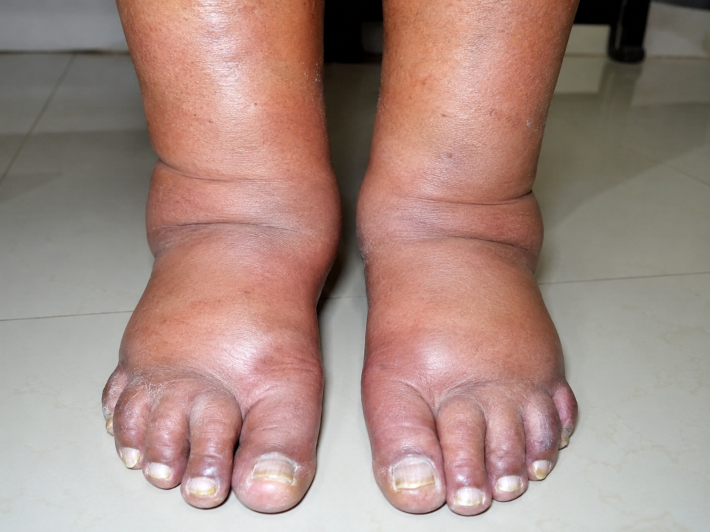 Swollen feet caused by diabetes showing ankle and foot edema