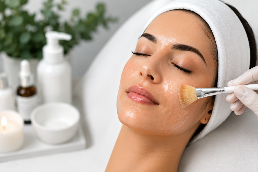 VI Peel treatment being applied to a woman's face during a professional chemical peel procedure
