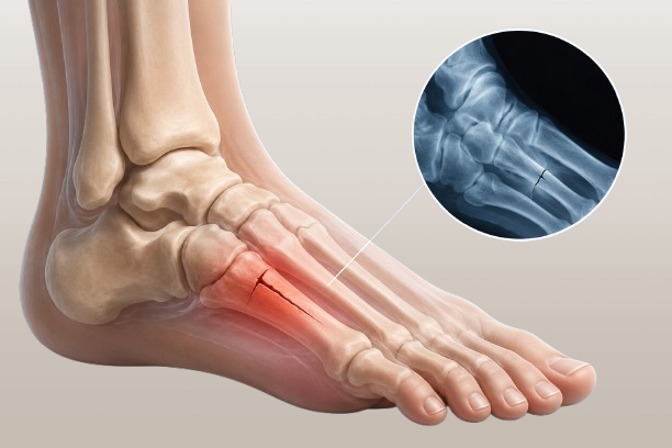Medical illustration showing a hairline fracture in the foot with an X-ray highlighting the cracked metatarsal bone.
