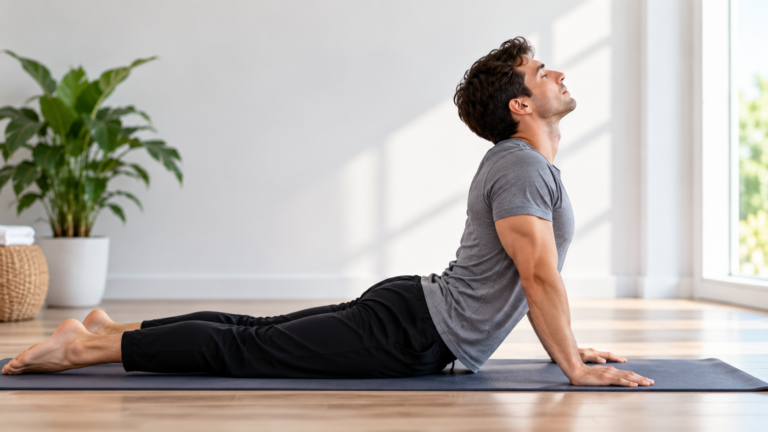 Man performing a spinal decompression exercise at home