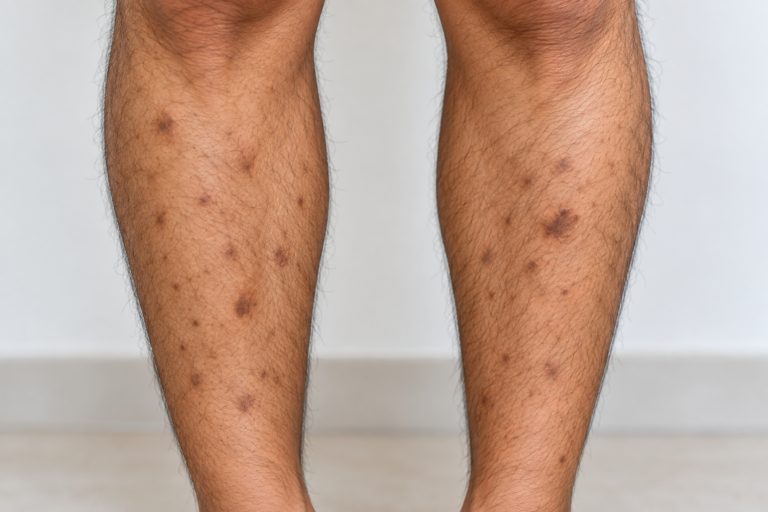 Dark spots and hyperpigmentation on a man's legs