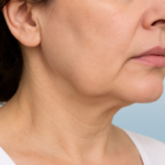 Close-up of a woman showing sagging skin and jowls along the jawline