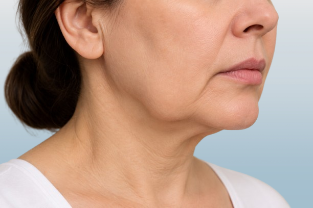 Close-up of a woman showing sagging skin and jowls along the jawline