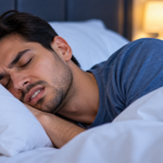 Man sleeping on his side with a slightly clenched jaw