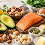 Healthy fats for keto including avocado, olive oil, salmon, nuts, and seeds
