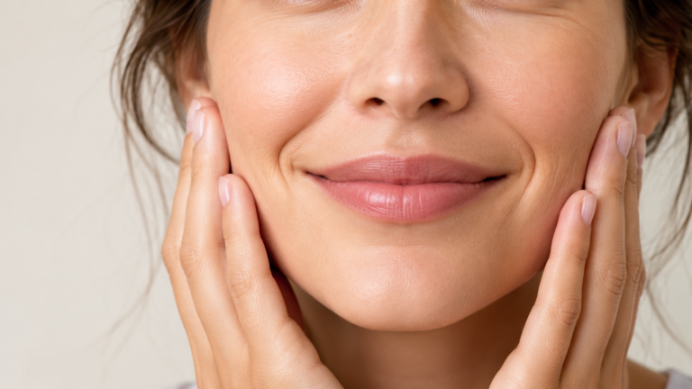 Close-up of a woman smiling with natural smile lines around her mouth