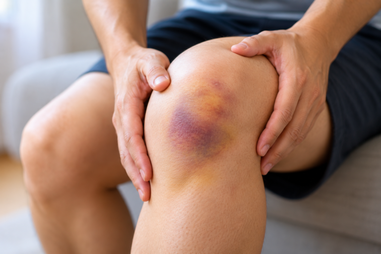 Bruised knee showing discoloration from a knee contusion