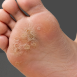 Mosaic warts forming a cluster of rough growths on the sole of a foot