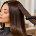Woman receiving a keratin hair smoothing treatment at a salon