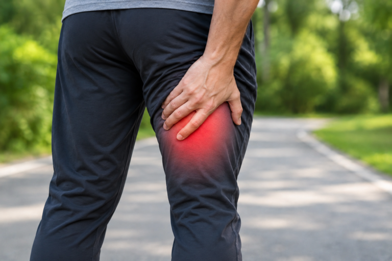 Person holding the back of their thigh due to hamstring cramps